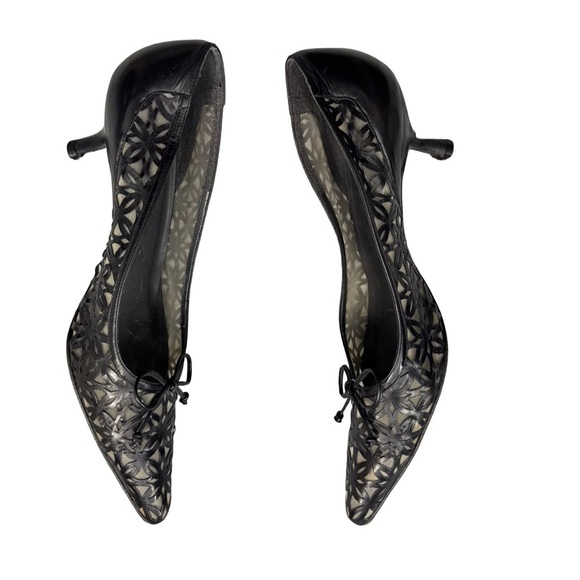 Vintage Stuart Weitzman Black Leather Mesh Kitten Heels Size 9.5 Bow Detail - Picture 4 of 14